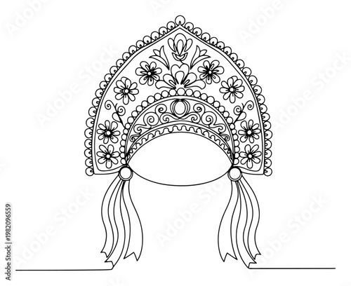 Traditional kokoshnik headpiece with floral embroidery and hanging ribbons in elegant line art style