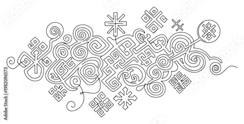 Slavic ethnic symbols and folk patterns combined with continuous line art composition