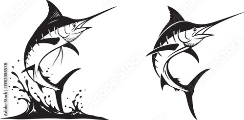 Marlin fish jumping out of water black and white vector illustration sport fishing design.