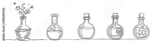 Magic potion bottles and alchemy flasks with mystical symbols continuous line art style