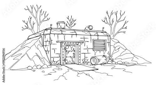 Post-apocalyptic concrete bunker and survival shelter in a desolate wasteland landscape in line art style