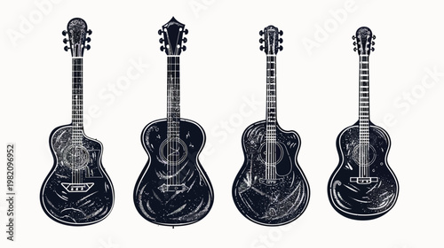Four acoustic guitars in varying shapes and styles against a white background