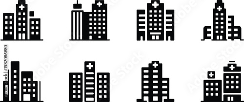 Hospital buildings icons set, medical centers and clinics silhouettes, healthcare vector illustration collection