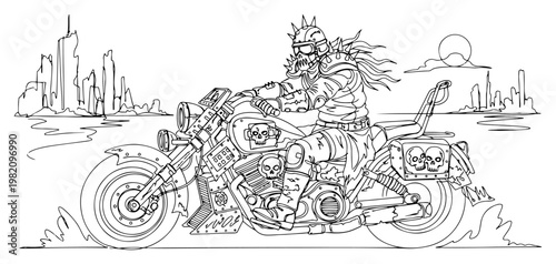 Tableau sur toile Post-apocalyptic raider riding a customized motorcycle through a destroyed city