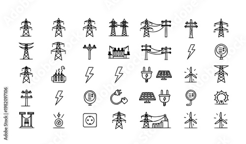Electric Grid and Energy Power Line Icon Set with Transmission Tower and Electricity Infrastructure Outline Vector Collection