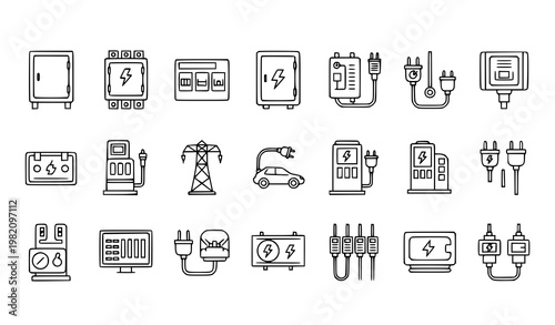 Electricity Distribution and Power Supply Line Icon Set with Circuit and Charging Symbols Outline Vector Collection