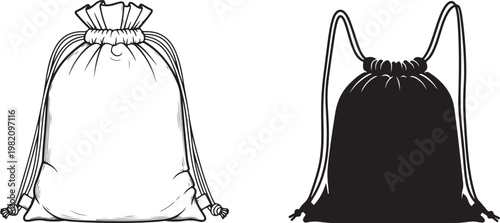 black drawstring bag pouch illustrations isolated on a white background.