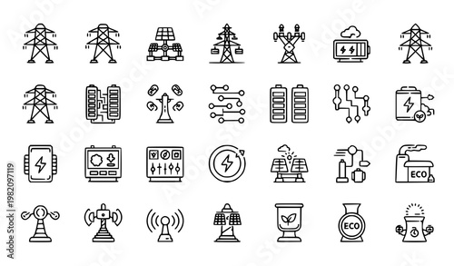 Modern Energy and Electric Grid Monoline Icons with Smart Power Systems and Renewable Electricity Vector Set