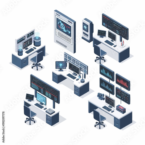 Isometric view of modern computer workstations with multiple monitors displaying data and charts.