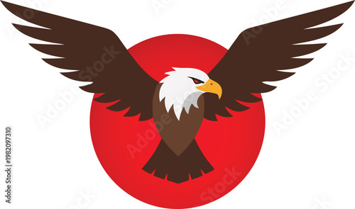 Flying eagle with spread wings over red sun circle stylized logo illustration