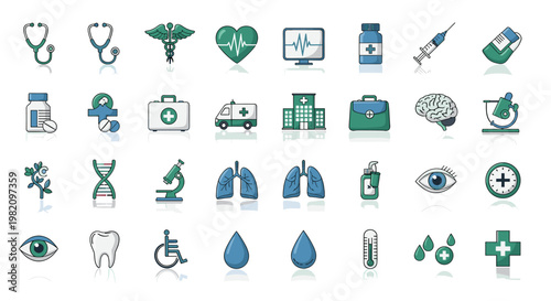 A comprehensive collection of medical and healthcare icons, featuring symbols for diagnosis, treatment, and patient care.