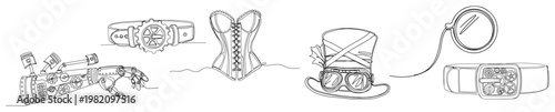 Steampunk accessories set with robotic hand corset top hat and goggles in continuous line drawing style
