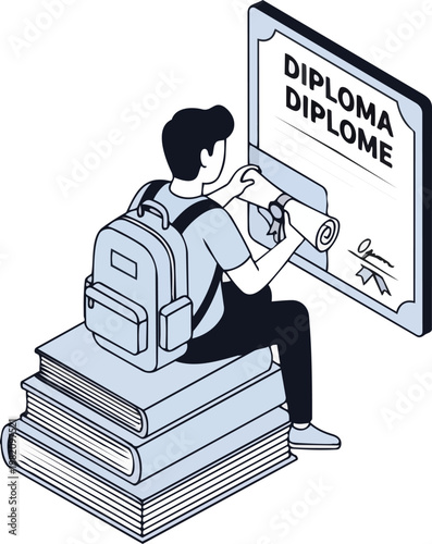 Isometric Illustration of a Student with Backpack Sitting on a Stack of Books, Holding a Graduation Diploma in Front of a Large Certificate for Education Success