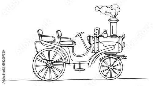 Steampunk steam carriage vehicle with smoking chimney and vintage wheels in continuous line drawing style