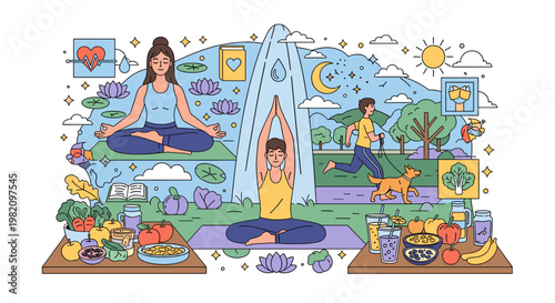An illustration depicting a holistic healthy lifestyle with people meditating, exercising, and surrounded by nutritious food and natural elements.