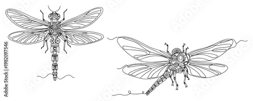 Steampunk mechanical dragonfly with gear wings and clockwork body in continuous line drawing style