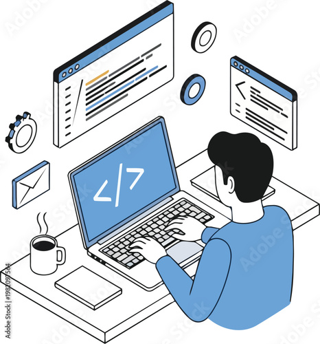 Isometric Software Developer Working on Laptop with Coding Windows, Web Programming and App Development Concept Illustration
