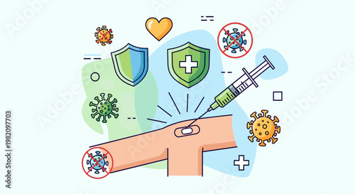 Medical illustration depicting a vaccination process providing immunity and protection against viruses and diseases.