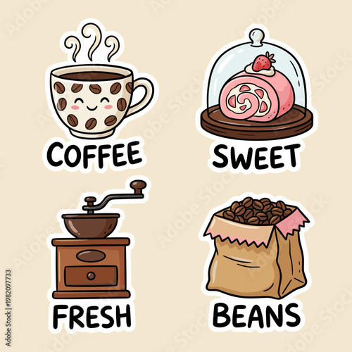 Coffee Shop Sticker Set Featuring Cute Coffee Cup Character Roll Cake with Strawberry Manual Grinder and Roasted Coffee Beans in Paper Bag Vector