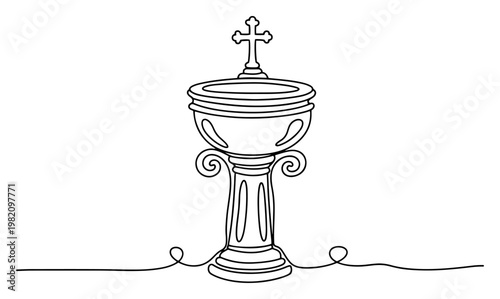 Baptismal font with religious cross symbol in minimalist continuous line art style