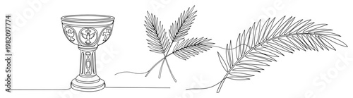 Holy chalice cup and palm branches for religious celebration continuous line art style