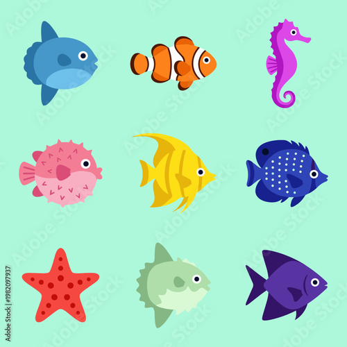 Colorful Sea Creatures and Tropical Fish Collection, Seahorse, Clownfish, Pufferfish, Starfish and Angelfish Set, Flat Vector Marine Life Icons