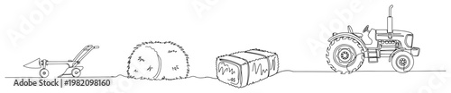 Farm equipment set including tractor hay bales and plow in continuous line art style
