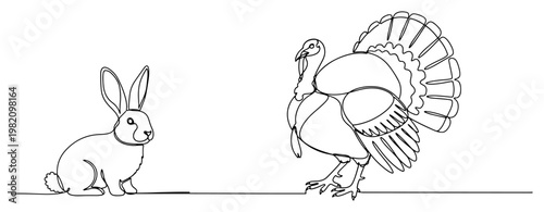 Rabbit and turkey farm animals silhouettes in minimalist continuous line art style