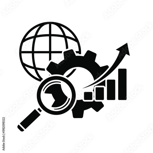 A black and white graphic depicts global business growth utilizing elements like a globe gears and rising charts high quality
