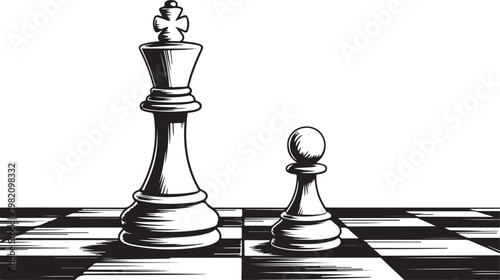 Black and white engraving illustration showing chess king and pawn pieces on checkered game board
