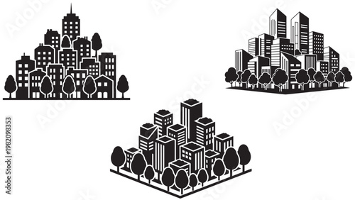 Compact City Block With Trees And Mixed-Use Buildings Icon — Sustainable Urbanism Minimal Black-and-White Solid Silhouette, Flat Vector, Isolated On White