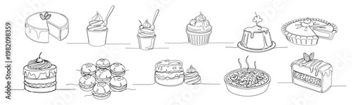 Assortment of sweet desserts and pastries in continuous line art style