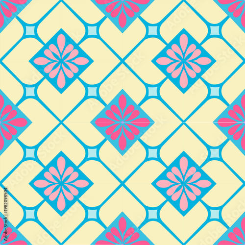 A vibrant geometric floral pattern featuring soft yellow backgrounds with blue outlines and pink flower motifs. The repeating symmetrical design creates a lively, decorative, and modern ornamental sty
