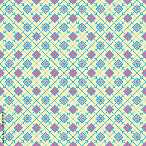 A vibrant geometric floral pattern featuring soft yellow backgrounds with blue outlines and pink flower motifs. The repeating symmetrical design creates a lively, decorative, and modern ornamental sty