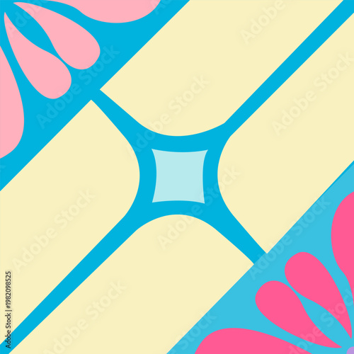 A vibrant geometric floral pattern featuring soft yellow backgrounds with blue outlines and pink flower motifs. The repeating symmetrical design creates a lively, decorative, and modern ornamental sty