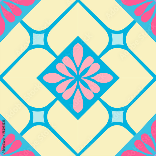A vibrant geometric floral pattern featuring soft yellow backgrounds with blue outlines and pink flower motifs. The repeating symmetrical design creates a lively, decorative, and modern ornamental sty