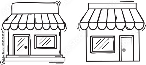 Hand drawn doodle shop storefront icon set with striped awning for small business commerce and retail marketing