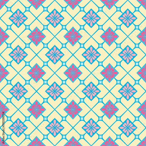 A vibrant geometric floral pattern featuring soft yellow backgrounds with blue outlines and pink flower motifs. The repeating symmetrical design creates a lively, decorative, and modern ornamental sty