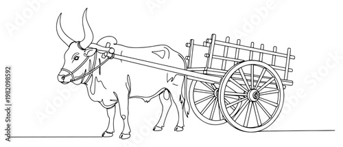 Pair of oxen pulling a traditional wooden bullock cart in minimalist line art style