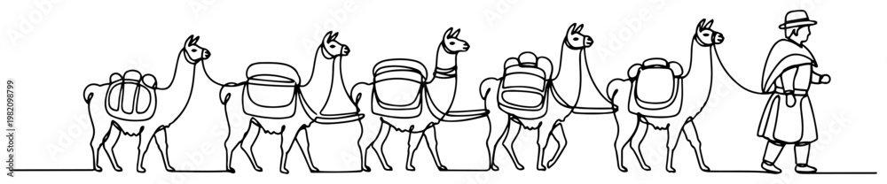 Fototapeta premium Llama caravan carrying packs led by person in continuous line art style