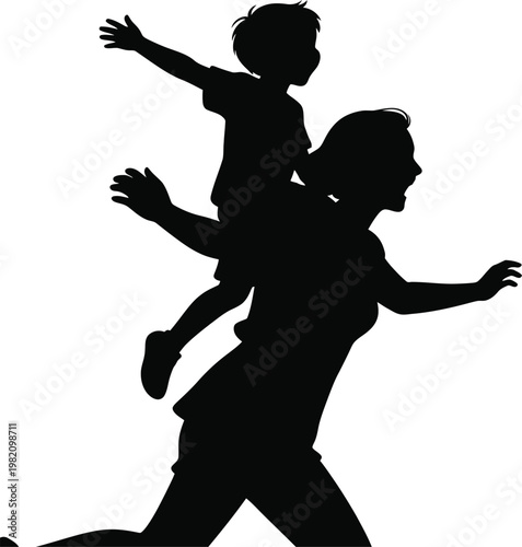Silhouette of mother giving piggyback ride to child playing together