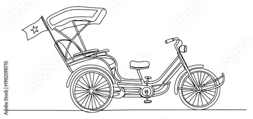 Traditional cyclo rickshaw with vietnam flag in continuous line drawing style