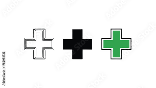 Plus sign icon set with black, green, and outlined vector graphics