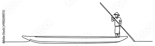 Foto Man paddling traditional long boat in continuous line drawing style