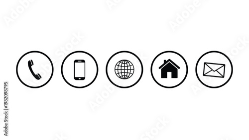 Communication icons including phone, mobile, globe, house, and envelope