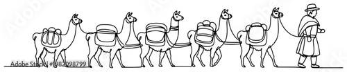 Llama caravan carrying packs led by person in continuous line art style