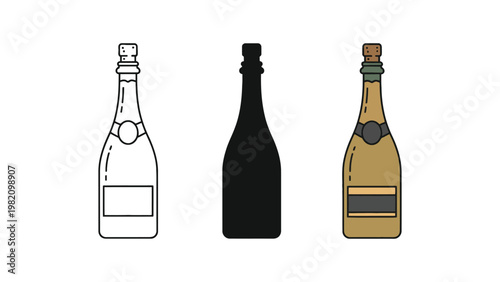 Bottle vector illustration of three wine bottles in different colors and styles