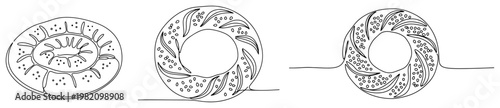 Simit Turkish bread rings with sesame seeds in continuous line art style