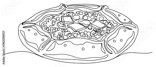Khachapuri Georgian cheese bread with egg in minimalist continuous line art style