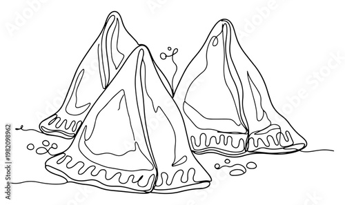 Samosas triangular fried pastries for indian snack in minimalist continuous line art style